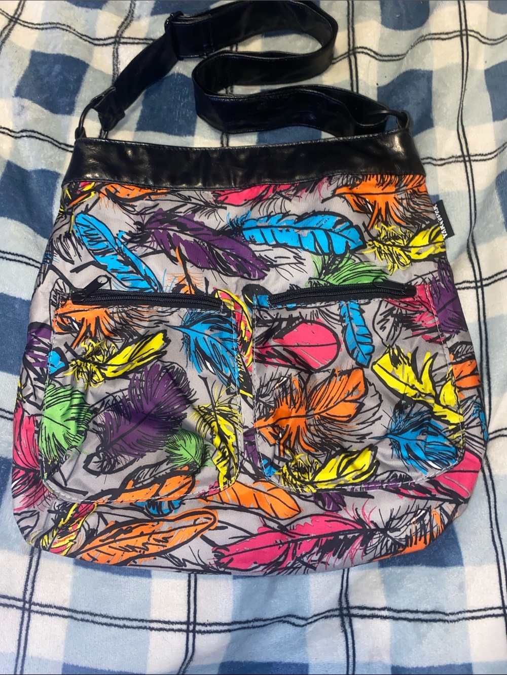 Yak Pak Multicolor Feather-Print Shoulder Bag with Black Trim and Strap
